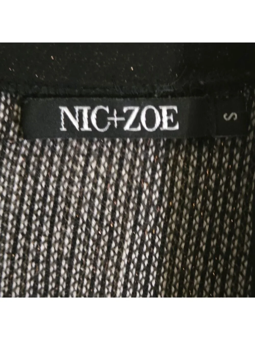 Nic + Zoe Y2K Open Front Gold Lurex Thread Black Crepe Trim Cardigan Size S